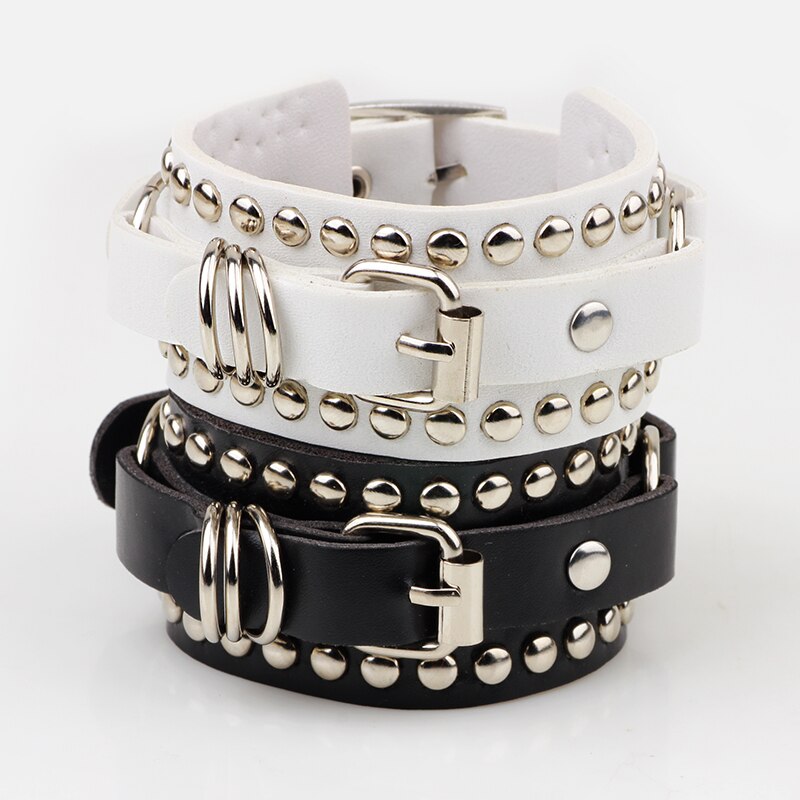 Womens Mens Punk Metal Rivets Wide Leather Bracelets with adjustable buckle,Rock & Roll Leather Bracelets