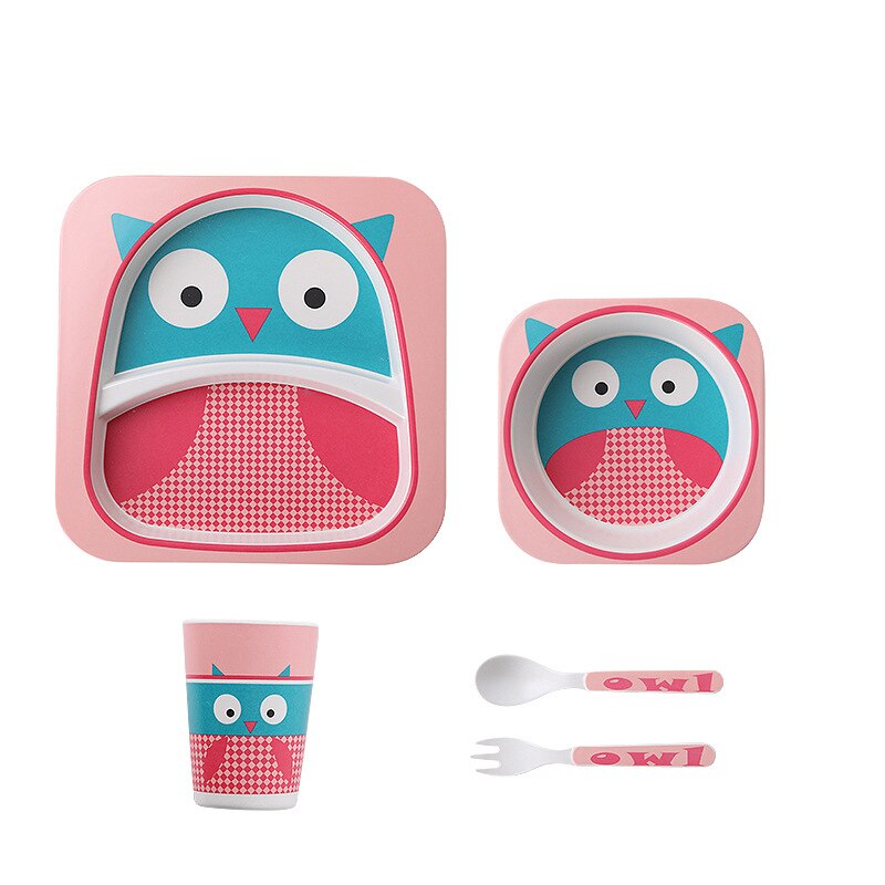 Imebaby5 pièce ensemble bambou vaisselle bambou bol bébé alimentation plaque créative dessin animé enfants bol/tasse/fourchette cuillère coffret: owl