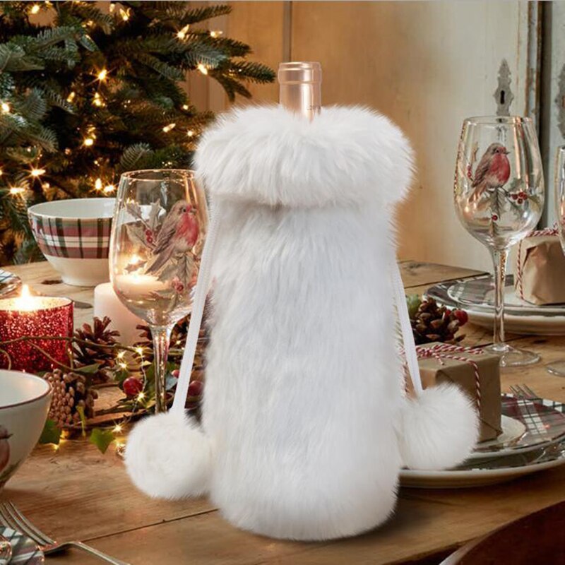 1Pc Luxe Faux Fur Wijnfles Covers Tas Linnen Champagne Fles Cover Kerst Decoraties Voor Huis