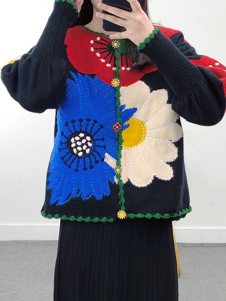 Khalee yose boho blomstret strikket sweater cardigan tyk blomst sort farverig efterår vinter kvinder sweatere kvinder dame cardigans