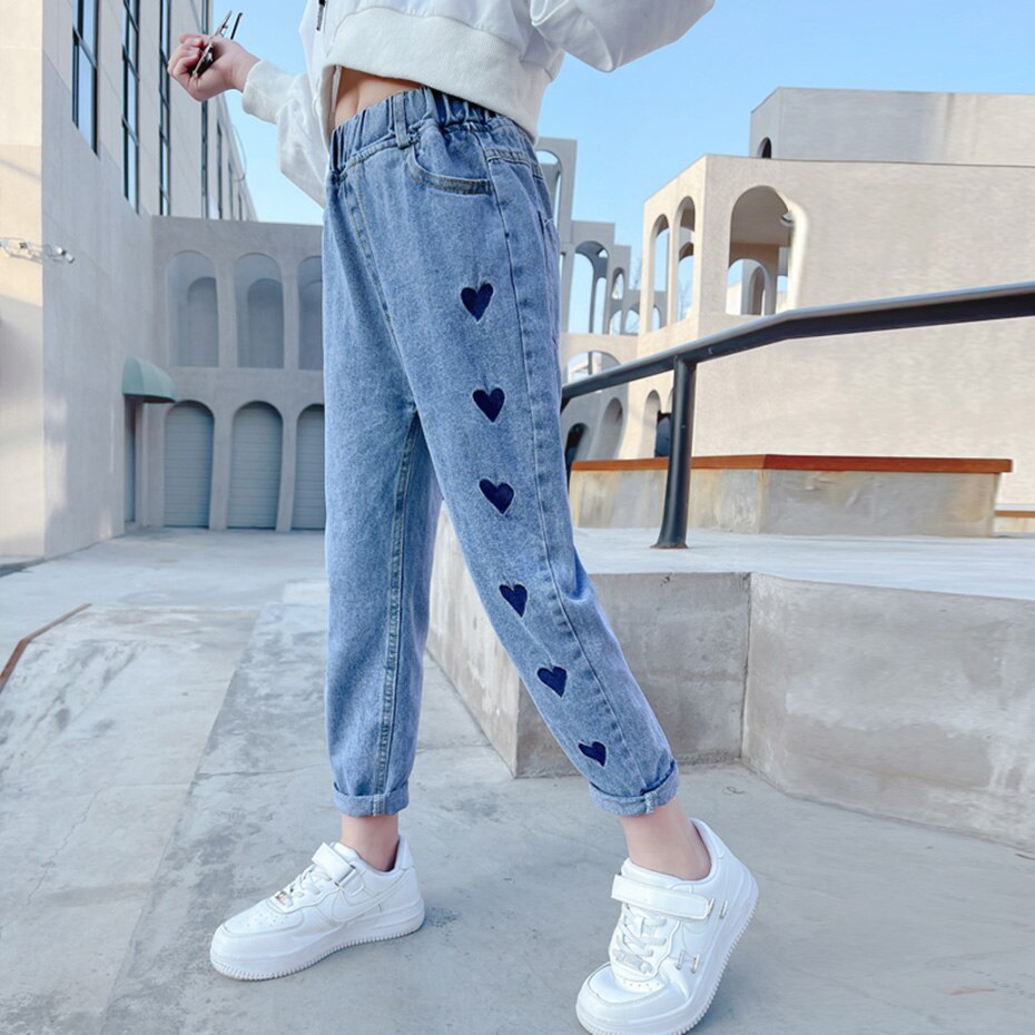Jeans Girl Heart Pattern Kids Jeans Girls Casual Style Children Jeans Spring Autumn Children's Clothes 6 8 10 12 14