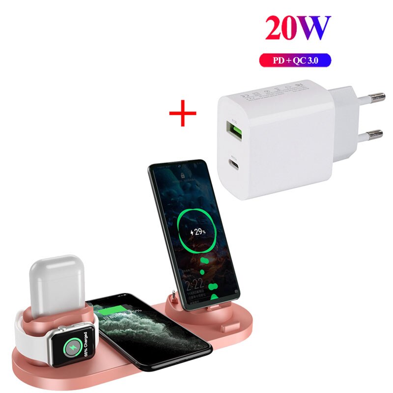 4 In 1 Draadloze Oplader Dock Station Snel Opladen Voor Iphone 13 Pro Max 12 Airpods Pro Iwatch Samsung Galaxy met 20W Adapter: Pink With Charger