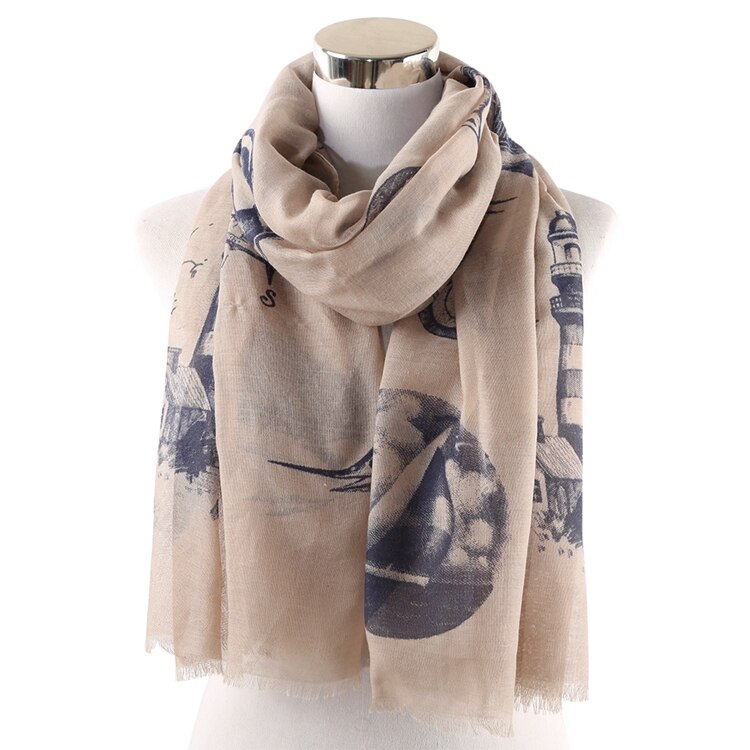 Rævmødre kvinder forår sommer hvid lyserød mynte farve nautisk tema tørklæder fisk hjul sømand tørklæde hav ocean tørklæde: Khaki