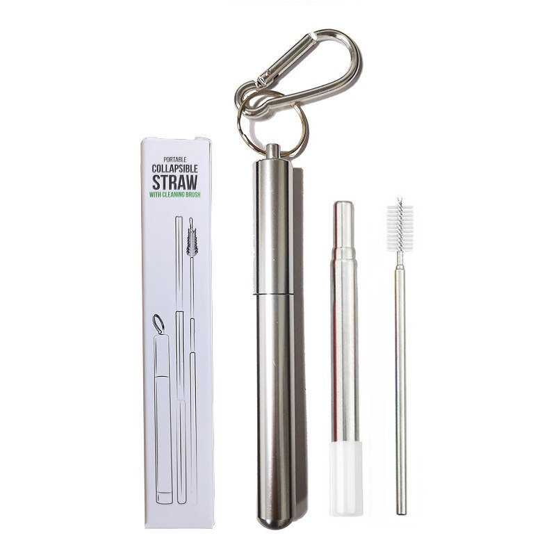 Telescopische Herbruikbare Rietjes Reinigingsborstel Metalen Stro Party Tool Draagbare Rvs Rietje Met Travel Case: Silver