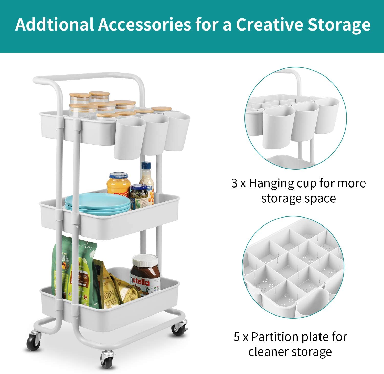 3-Tier Rolling Cart, Storage Trolley on Wheels, ABS Storage Organiser Mesh Basket Shelf for Bathroom, Kitchen, Office, Library