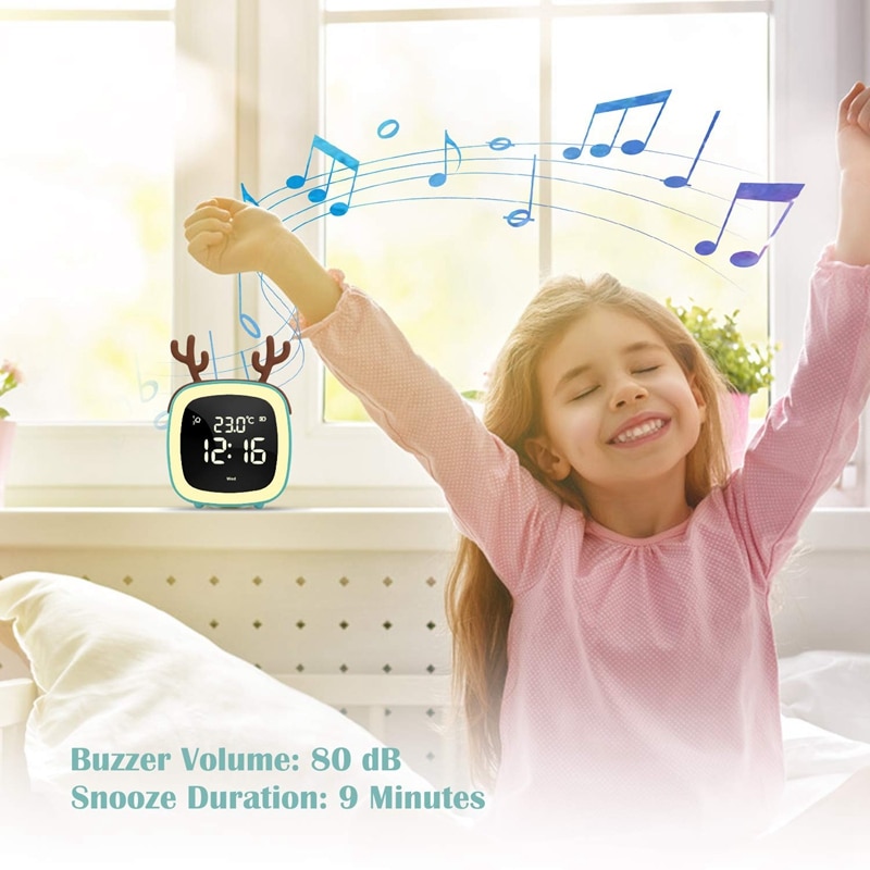 Sødt digital vækkeur til børn kvinder småbørn natlys, lysdæmper, sove timer, genopladeligt batteri, indendørs temp til soveværelser, sno