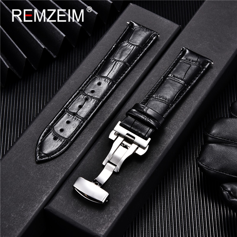 Pulseiras de couro de bezerro genuíno negócios substituir pulseira de relógio 18mm 20mm 22mm 24mm com fivela borboleta pulseira de relógio de pulso: Luz branca Pin / 18mm