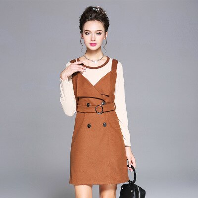 New2017Autumn Ladies Dress twinset knitted tops+double breasted strap dress Casual Vestidos tunics L-XXXXXL6103: XL