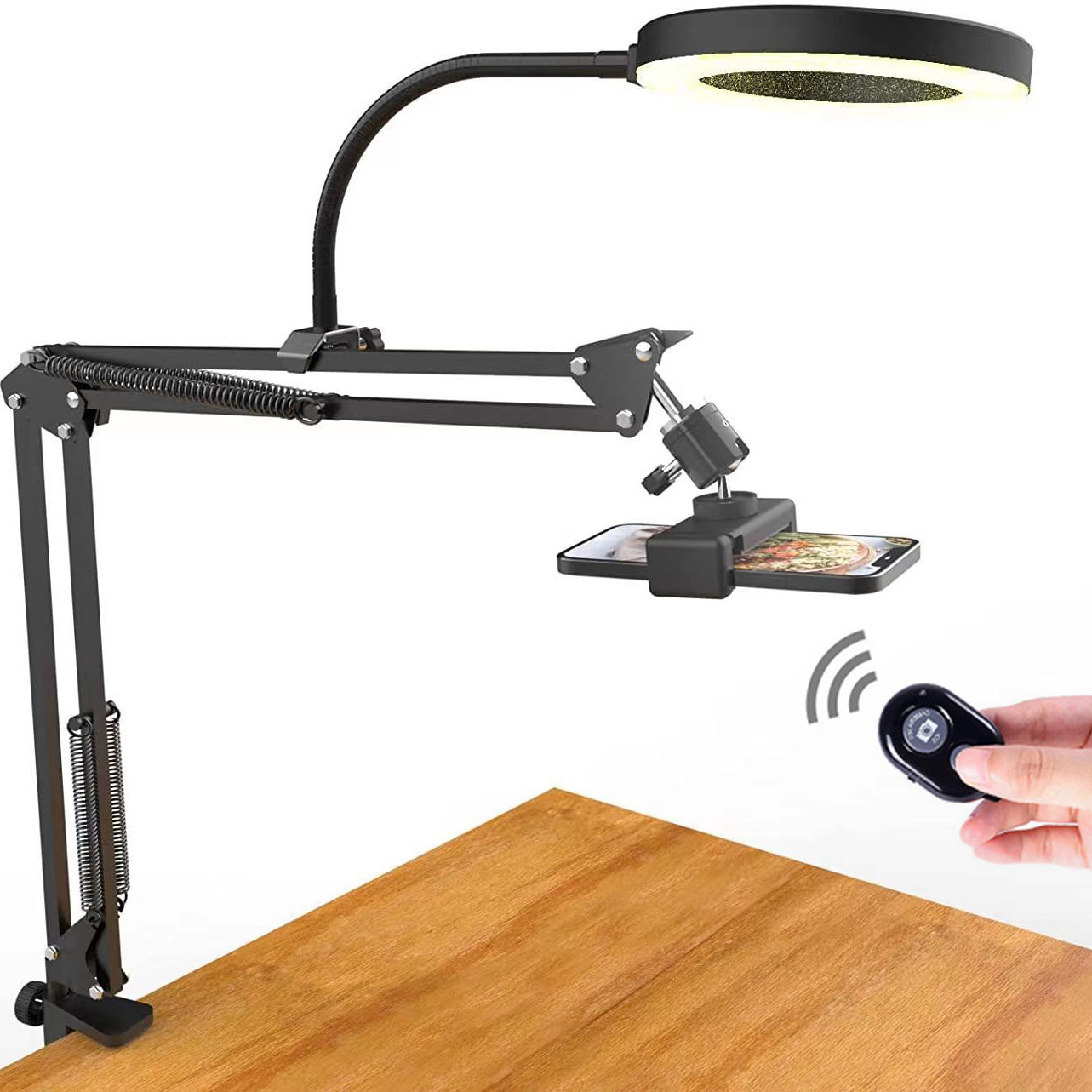 Overhead Camera Mount with Ring Light Selfie Flexible Articulating Phone Arm Stand iPhone Desk Tripod for Video Recording: Pink