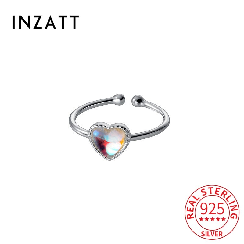 Inzatt echter 925 sterling silber gradient glas herz verstellbarer ring für damen süßer feiner schmuck minimalistisches accessoire