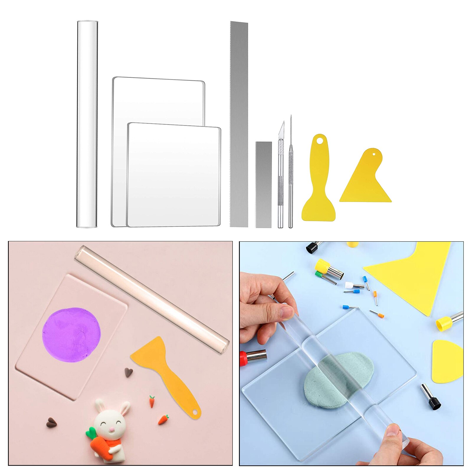 9 Stuks Diy Polymeer Klei Tool, Inclusief Acryl Klei Roller, Acryl Plaat, Klei Naald, clay Cutter, Schraper Backing Board