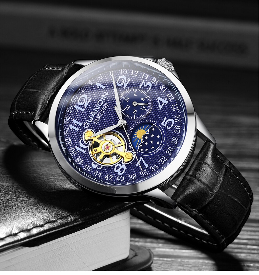 Guanqin Heren Horloges Top Brand Luxe Skeleton Lederen Sport Tourbillon Automatische Mechanische Horloges