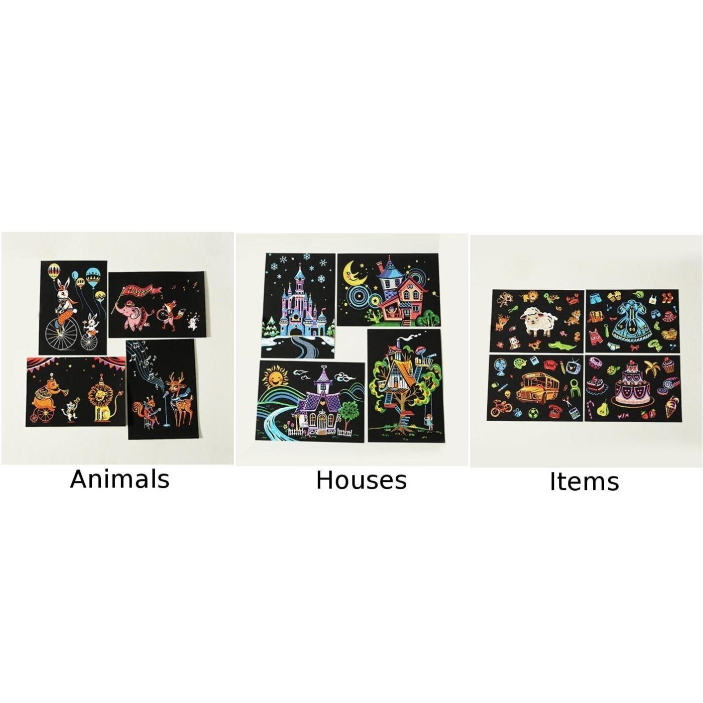 Paper 4Pcs Scratch Paintings Set Cartoon Postcard Drawings Education Patience Animals/Items/Houses 20*14cm