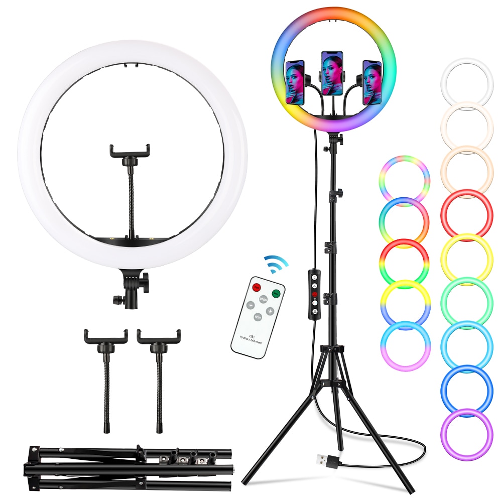 16 Inch Led Selfie Ring Licht Rgb Dimbare Ring Lamp Met 200Cm Statief Stand Fotografische Live Verlichting 3 Telefoon clips Vulling Licht
