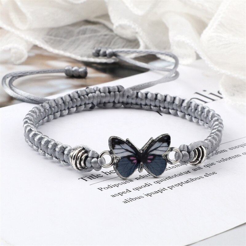 Grey Vlinder Hanger Armband Voor Vrouwen Handgemaakte Zwart Wit Touw Verstelbare Gevlochten Armbanden &amp; Bangles Fasion Meisjes Sieraden