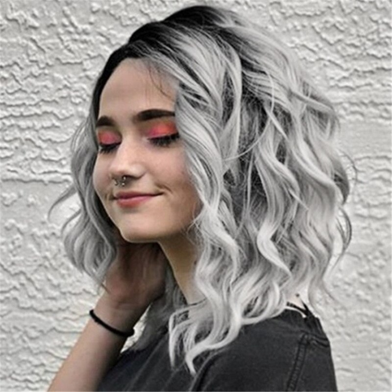 Gradient Dyeing Grandma Ash Curly Short Hair Female with Rose Net Wig Cosplay Hair Wig Parted Instant Noodles Cosplay Women