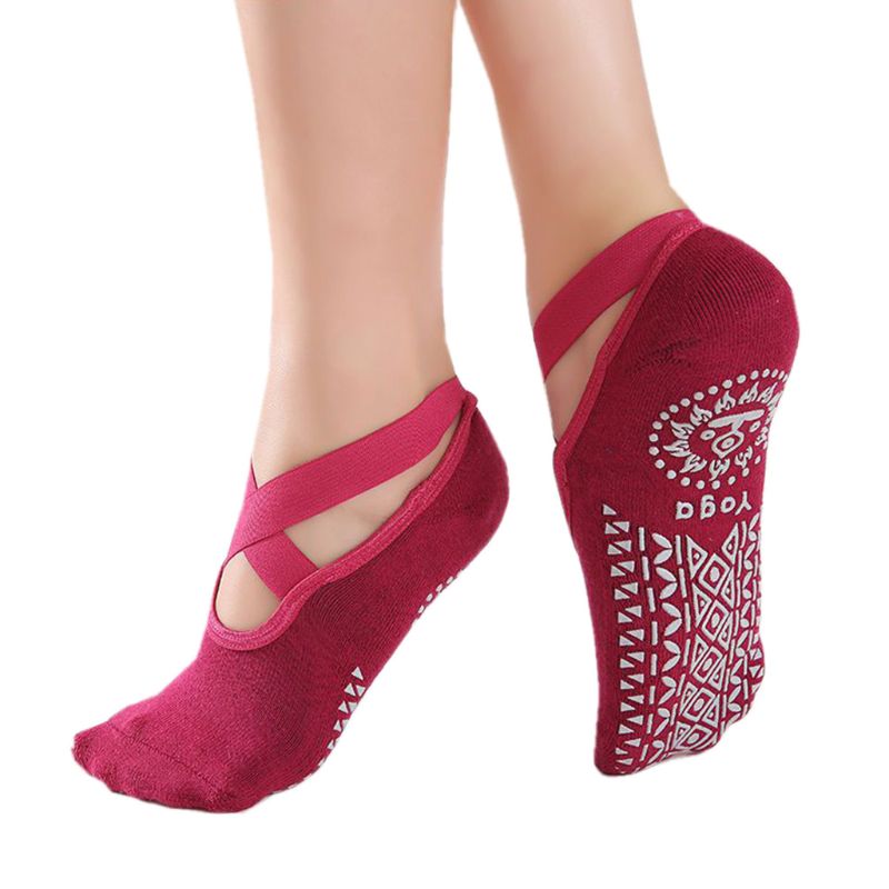 Women Yoga Socks Non-Slip Grips &amp; Straps Fitness Sport Ballet Pilates Socks: Red