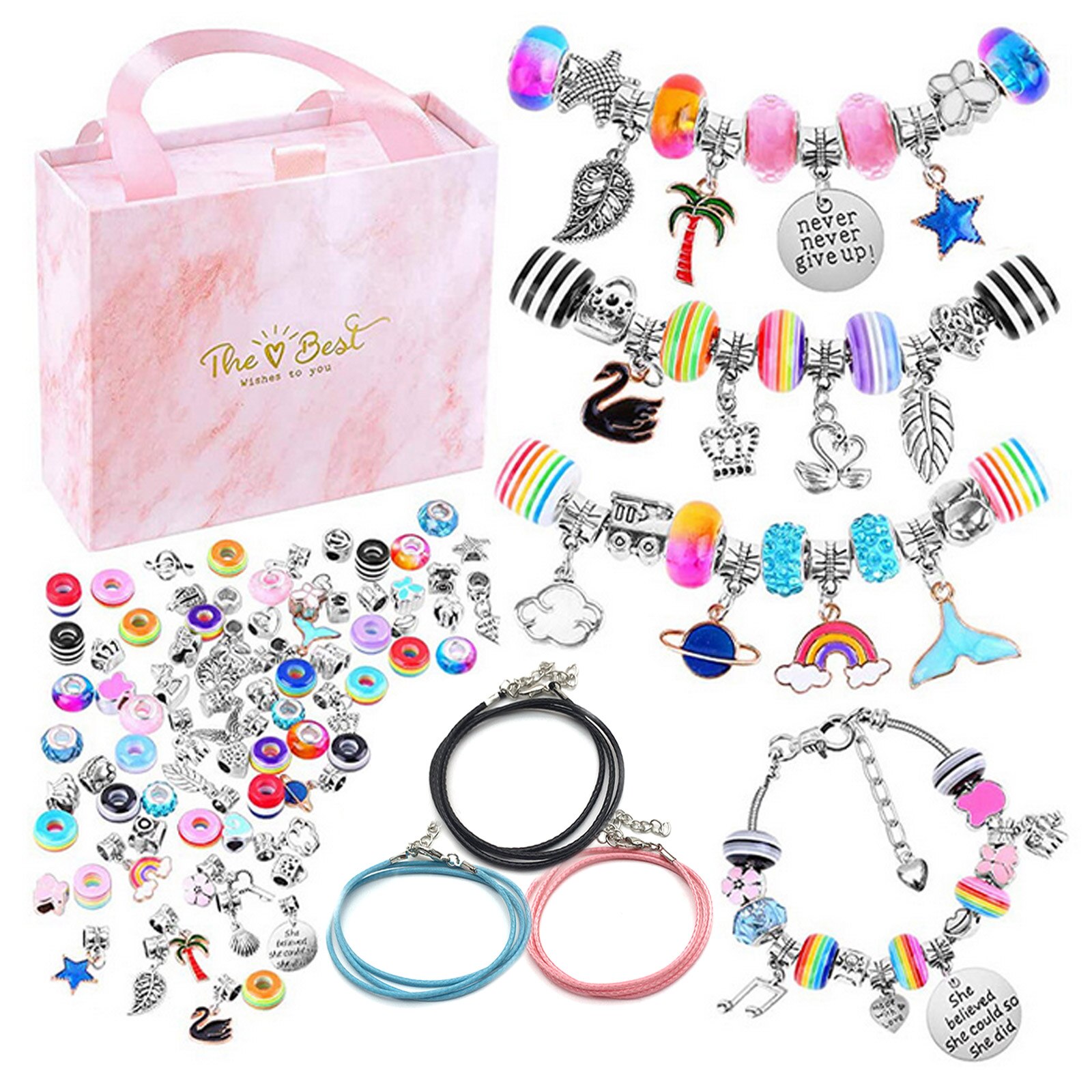 91Pcs Diy Bedelarmband Kettingen Sieraden Maken Kit Met Roze Geschenkdoos Voor Meisjes Vrouwen Valentines Verjaardag Christmas