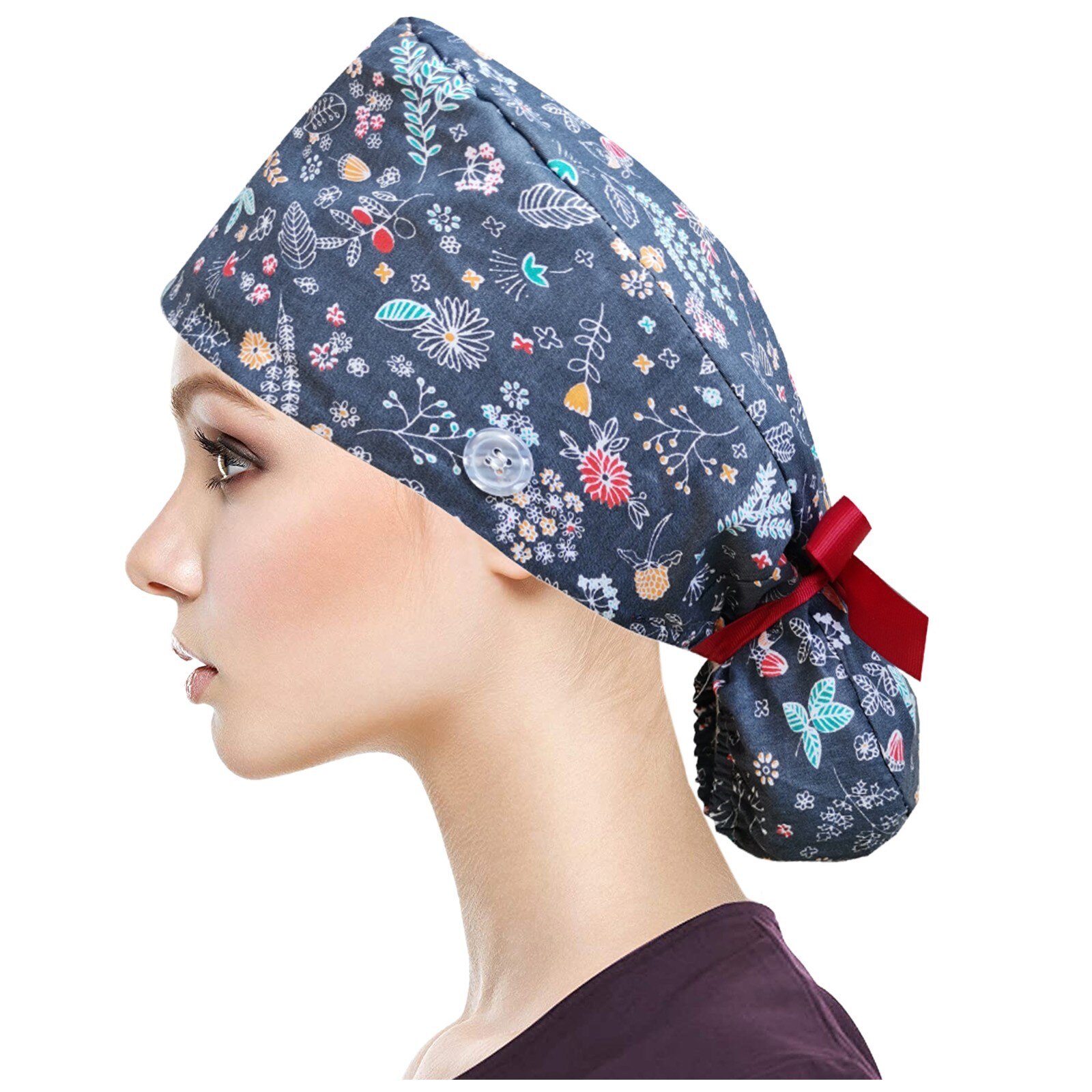 25# 3PC Unisex Adjustable Working Nursing Cap gorro quirófano Button Long Hair Sweatband Hat nurse Cap Cartoon print Gourd hat: P