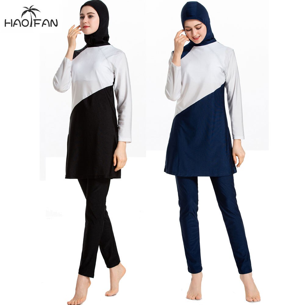 HAOFAN Musilin Hijab Badeanzug Neue Burkini Langarm Muslimah Badeanzug Frauen Islamischen Gewohnheit Femme Burkinis Patchwork Farbe