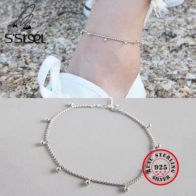 S'STEEL Concise 925 sterling silver anklets for women Geometry Beads Anklet Foot Ornaments Boho Leg Accessories fine jewelry