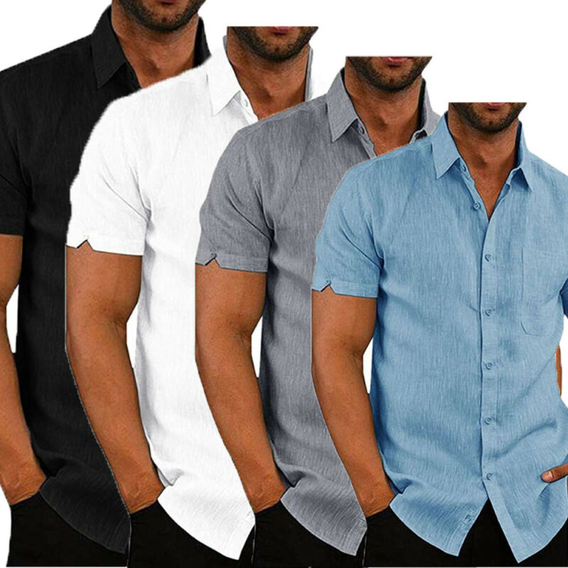 Luxe homme manches courtes col rabattu chemises décontractées amples lin hauts type chemisier poche poitrine noir blanc gris bleu