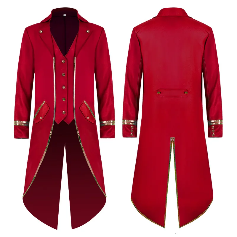 Men's Steampunk Victorian Jacket Gothic Medieval Vintage Tuxedo Mid-Length Phnom Penh Cosplay Costume Trench Coat Jacket: S / Red
