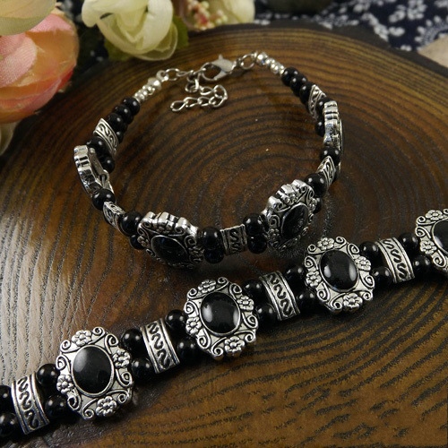 Tibetan Silver color Bohemia Bracelet Bead Stone Adjust Size Bangle Jewelry Blue/Red/Black A207G