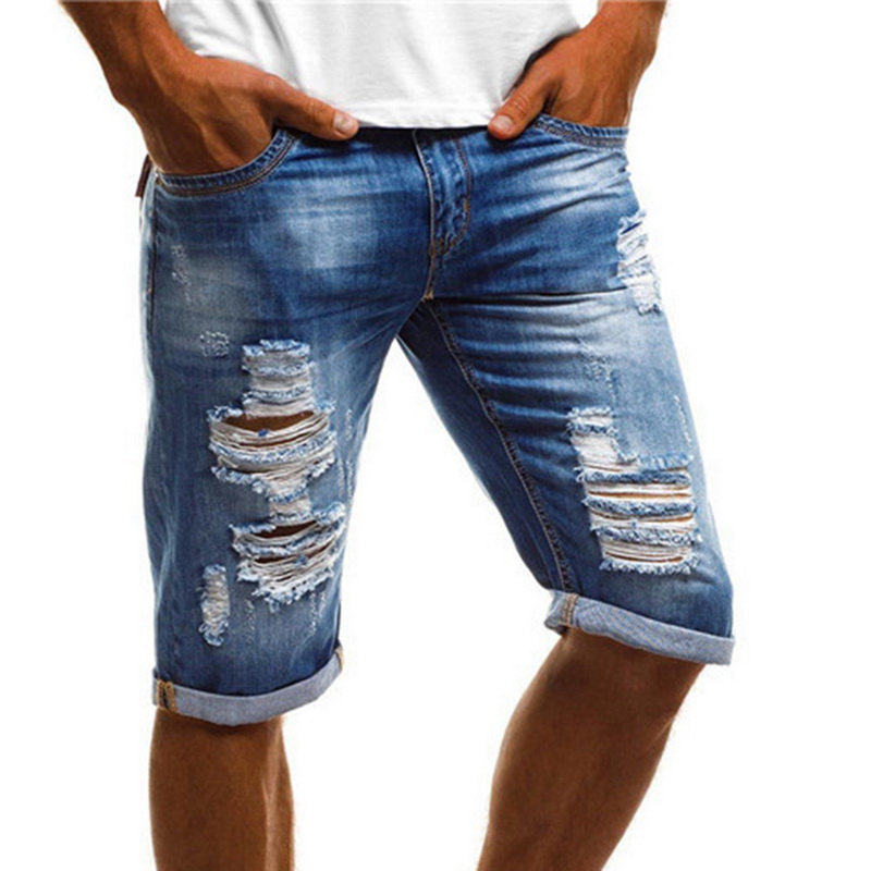 HEFLASHOR Summer Men's Stretch Short Jeans Vintage Slim Fit High Elastic Men Ripped Jeans Turn Up Cuff Fifth Pants Denim Shorts: Asian Size M