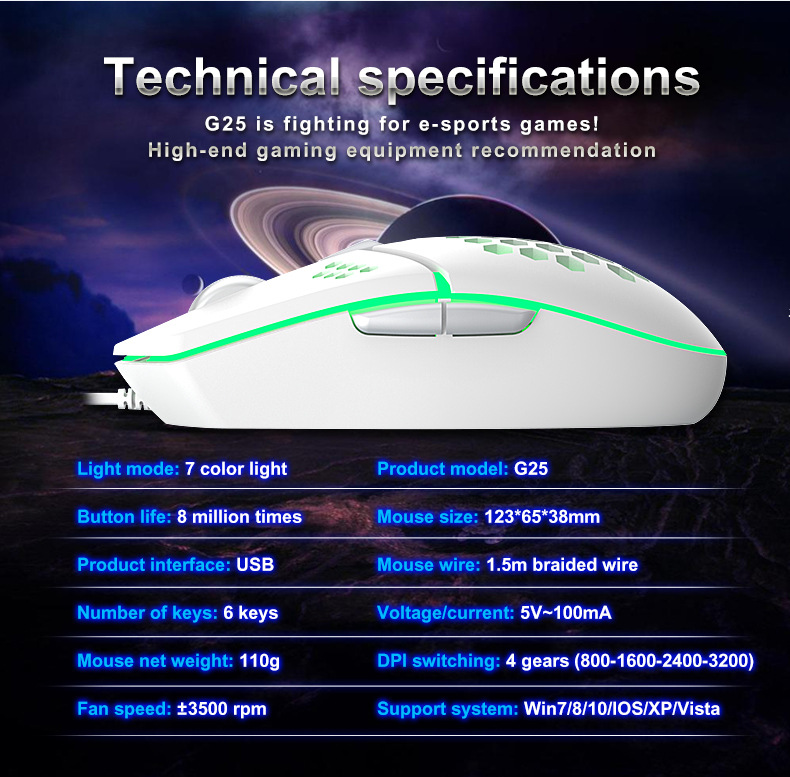 E-Sports Gaming Wired Mouse 6 Key 8000dpi Lightweight Rgb Lighting Fan Cooling Tablet Laptop Accessories Office Game: WHITE
