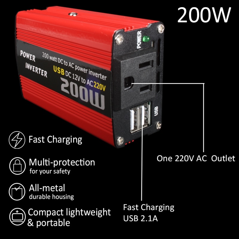 200w bil strømomformer  dc 12v til  ac 220v omformer dobbel usb lader adapter bil makt booster - rød