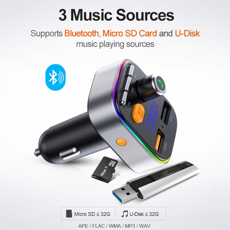 Cden Bluetooth 5.0 Aux Ontvanger Auto MP3 Speler Fm-zender Dual Usb Autolader Usb Flash Drive/Tf Card lossless Muziek Spelen