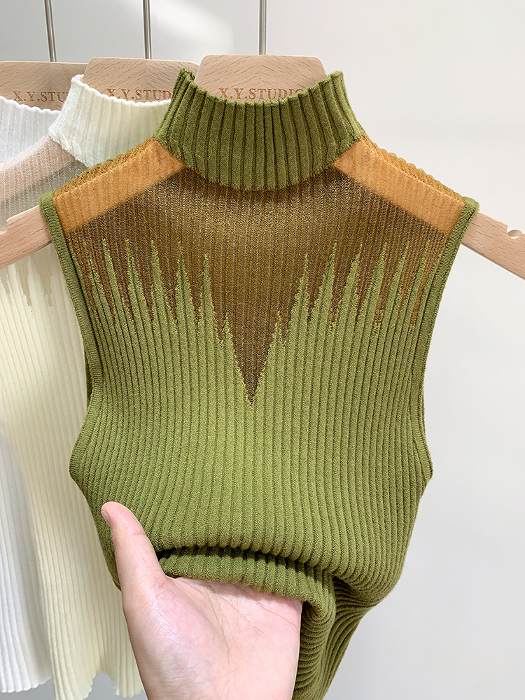 Mesh Knitted Top Women Y2K Tank Top Half Neck Vest Female Sleeveless Sweater Chic Cut Out Streetwear Solid Skinny Tube Top: green