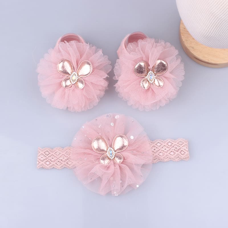 Søte blondere blomst baby pannebånd sokker sett nyfødt baby jente hårbånd turban buer perle jenter hårbånd baby hår tilbehør: Rosa 02