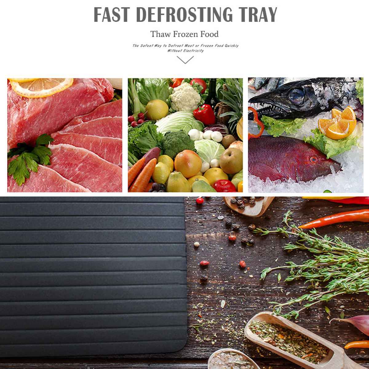 Fast Defrosting Tray Defrost Frozed Meat Food Quick Black Size Keep Food Nutrition Fresh Safest Way Aluminum 29.5x20.5x0.2cm
