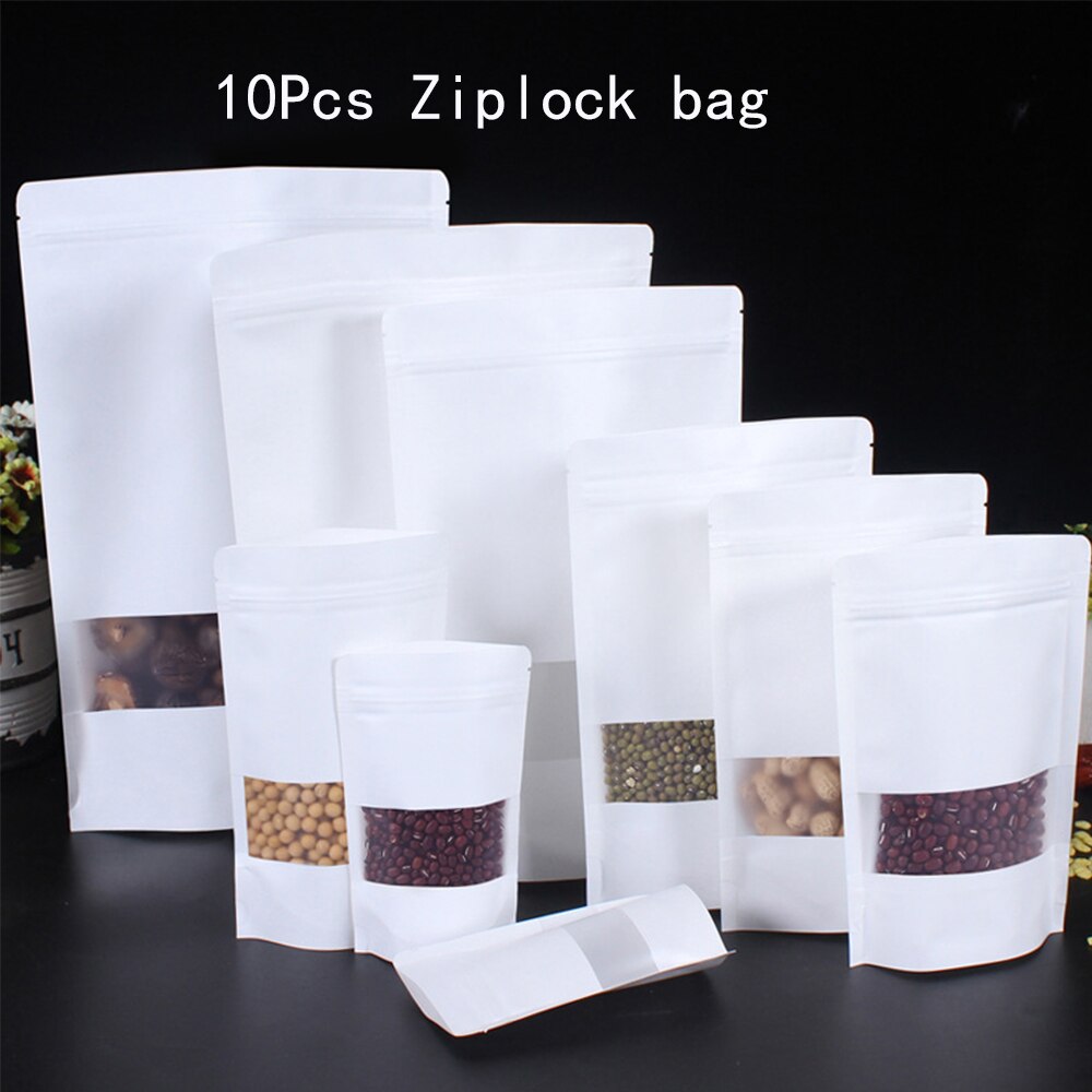 10Pcs Zip Lock Kraftpapier Venster Zak Stand Up Gedroogd Fruit Thee Verpakking Pouches Rits Self Sealing Party frosted Bag