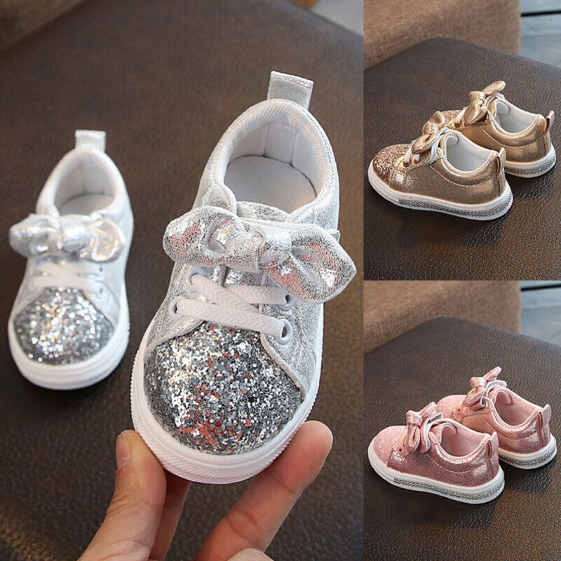 Chaussures de Sport pour petites filles de 1 à 3 ans, baskets à paillettes avec nœud, à semelle plate, brillantes, à la , 1 paire