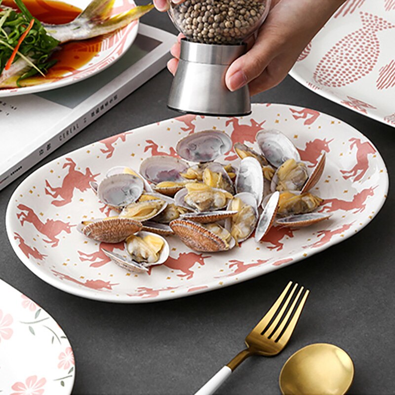 FANCITY Large fish plate, 12-inch oval plate, ceramic household bakeware, steamed fish plate, serving plate