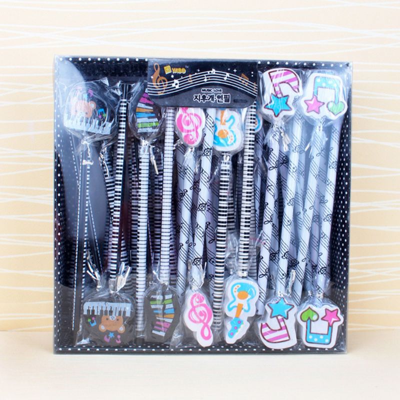 6pcs Musical Note Pencil 2B Standard Round Pencils Piano Notes Eraser Writing Drawing Tool Stationery School Student