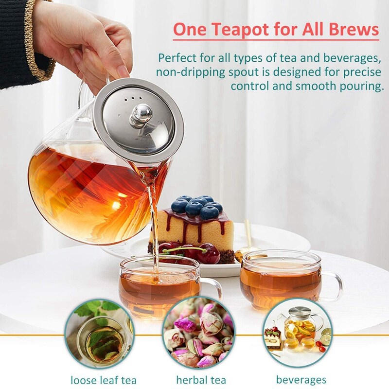 Glass Teapot with Stainless Steel Removable Infuser for Loose Leaf Tea, Bonus Tea Kettle & Infuser Coaster, 950Ml