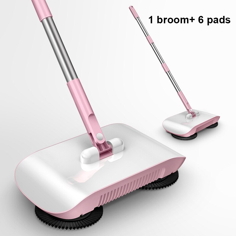 Robot aspirador de escoba manual con mango mágico para el hogar, barredor de suelo para cocina, dos en uno, a prueba de viento, mopa para barrer: pink within 6 pads