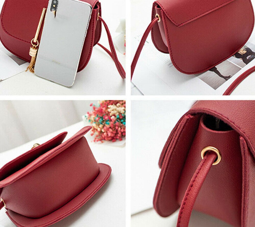 femenina, bolsas de mensajero de hombro con cierre liso de piel sintética, Mini bolso de mano con flecos, borlas y concha, , nueva