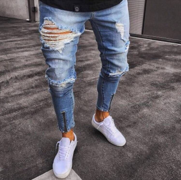 Man Pants Jeans Streetwear Men Jeans Vintage Destroyed Ripped Elastic Zipper Jeans Pants Hip Hop Jeans Men Plus Size: S