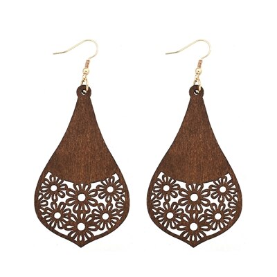 Yuluch Retro Afrikaanse Houten Onregelmatige Geometrische Opengewerkte Screen Bloem Hanger Voor Mode Vrouw Sieraden Oorbellen: brown