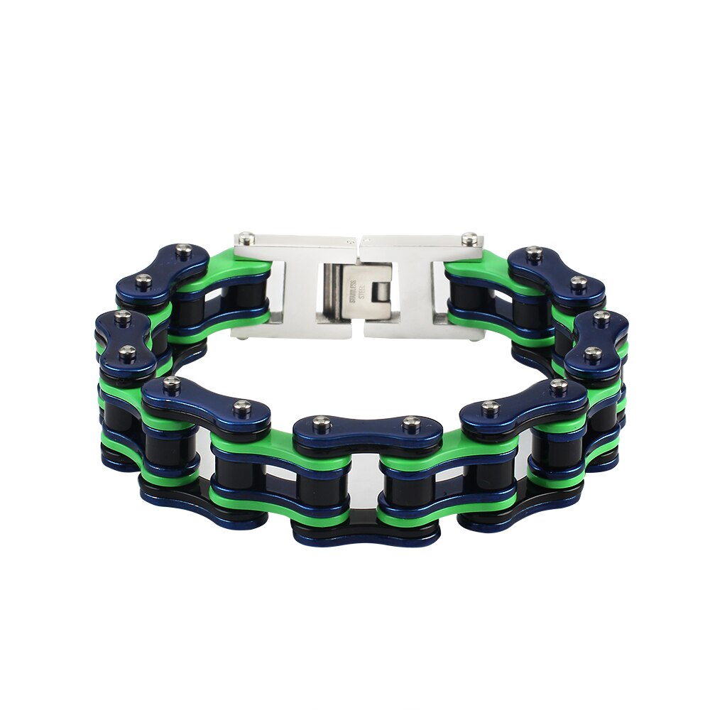 Punk Stainless Steel Bike Chain Bracelet Mens Bangle Link Chain Motorcycle Bicycle Style Bracelets Jewelry: Blue Green Black16mm / 22cm (8.7inch)