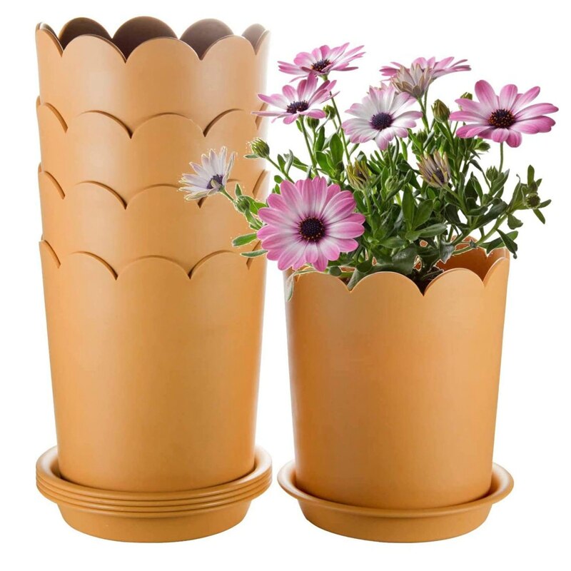 Beau-plant pot 5.5 inch 5- pack plastic bloempot met drainagegat en schaal, diepe plantenbak voor moderne decoratie