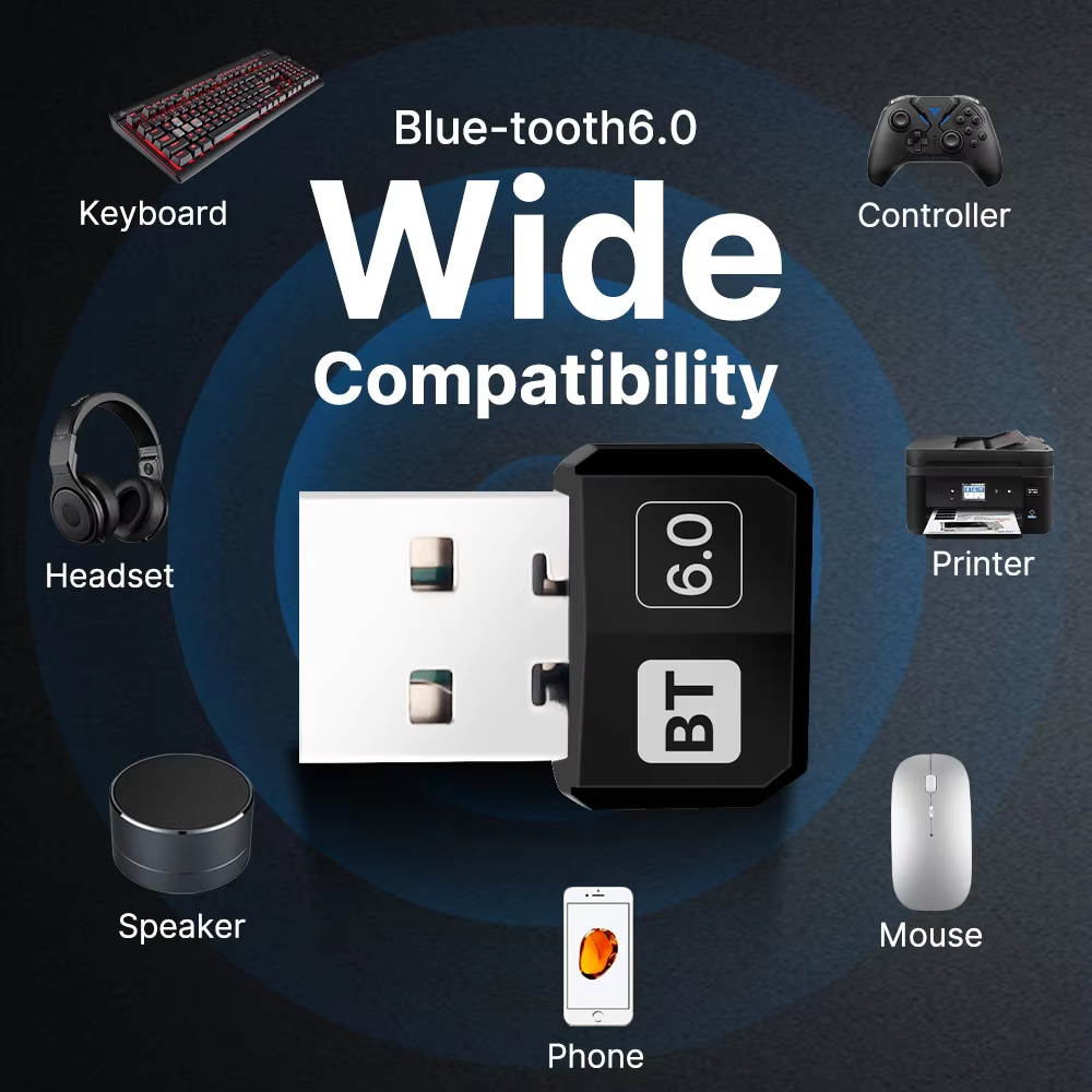 USB Bluetooth Adapter, Bluetooth 6.0 Dongle for PC Windows 11/10/8.1/8/7, Bluetooth Receiver & Transmitter for Keyboard/Mouse