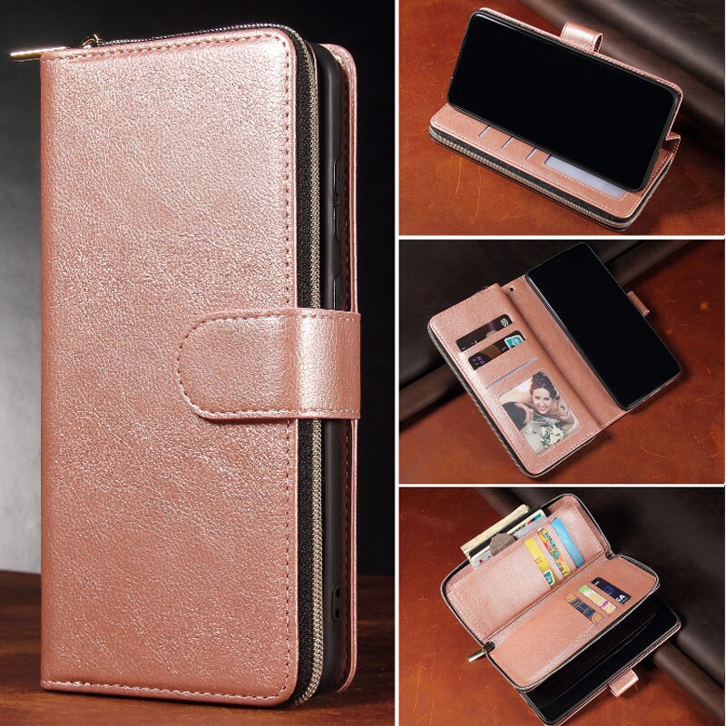 Zipper Case Luxury Leather Flip Wallet Cover For LG Velvet LM-G900N LM-G900EM LMG910EMW Case Phone Card Slot Phone Cover Bag: Rose Gold