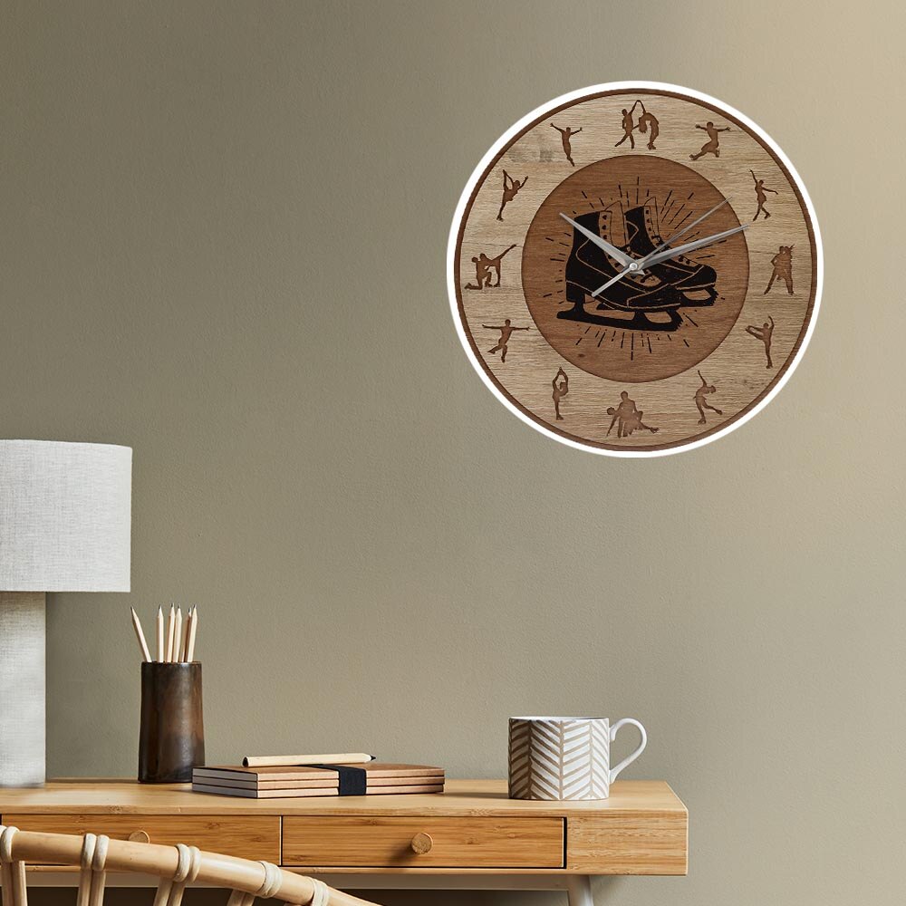 Figure Skating Wood Texture Printed Wall Clock Girls Room Silent Hanging Wall Watch Winter Sport Home Decor Ice Skaters