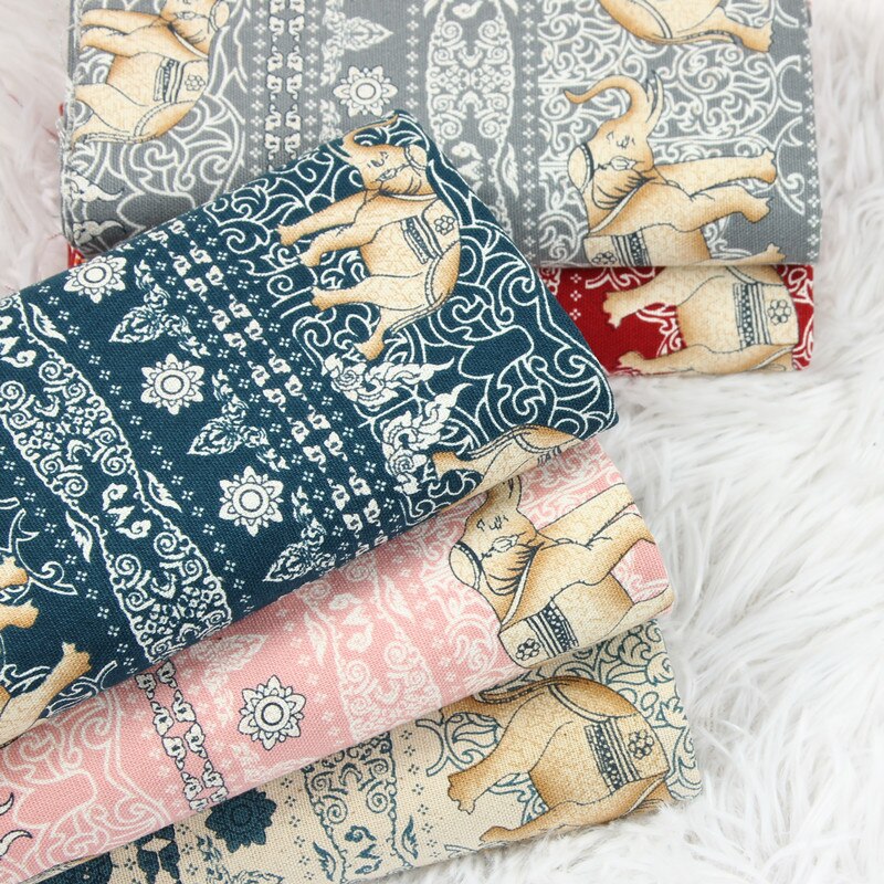 Tela de algodón grueso con estampado de elefante pequeño, tejido de media yarda con estampado de elefante pequeño de viento nacional, hecho a mano, para ropa, T1100